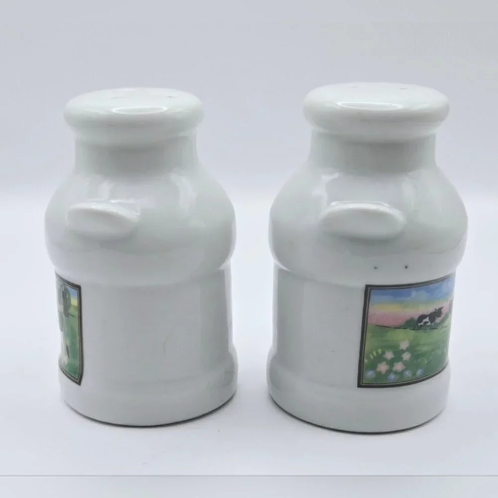 Vintage 90's  Milk Can Dairy Farm With Cows Salt And Pepper Shaker Set Ceramic
